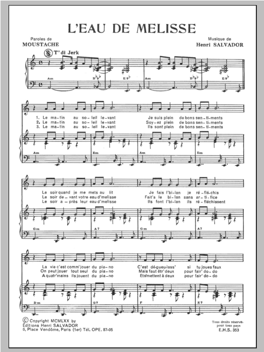 Henri Salvador Eau De Melisse sheet music notes and chords arranged for Piano & Vocal