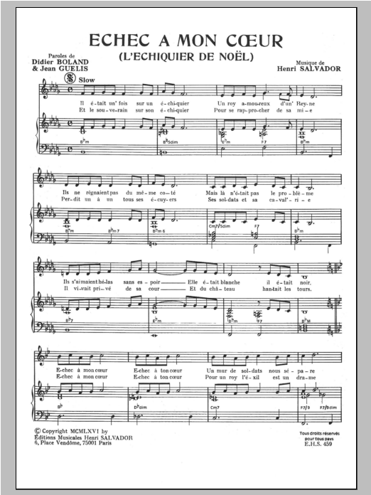 Henri Salvador Echec A Mon Coeur sheet music notes and chords arranged for Piano & Vocal