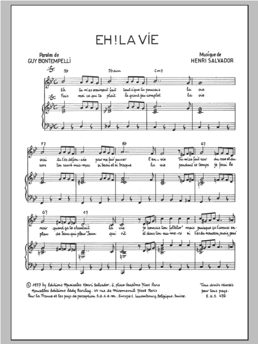 Henri Salvador Eh La Vie sheet music notes and chords arranged for Piano & Vocal