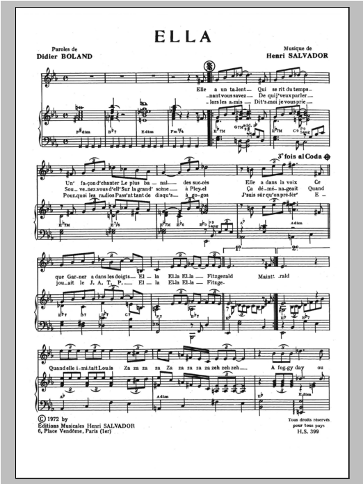 Henri Salvador Ella sheet music notes and chords arranged for Piano & Vocal
