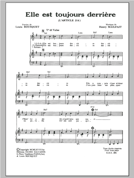 Henri Salvador Elle Est Toujours Derriere (Article 214) sheet music notes and chords arranged for Piano & Vocal