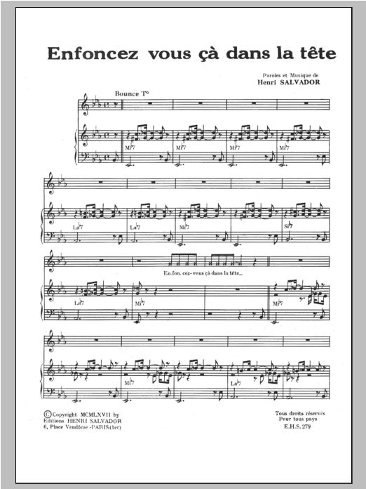 Henri Salvador Enfoncez Vous Ca Dans La Tete sheet music notes and chords arranged for Piano & Vocal