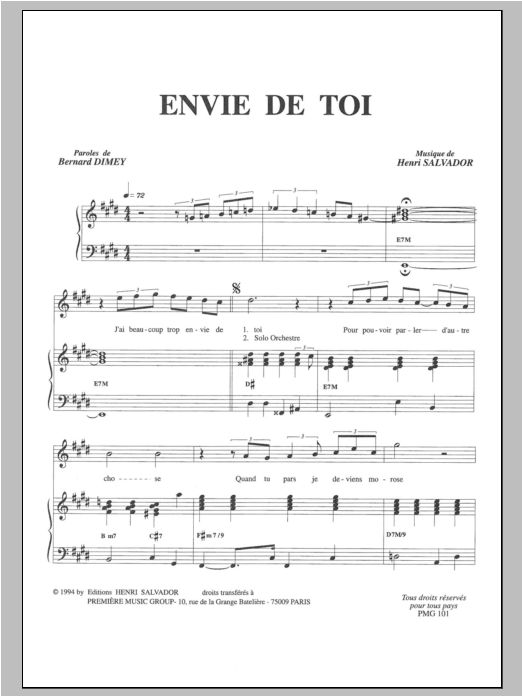 Henri Salvador Envie De Toi sheet music notes and chords arranged for Piano & Vocal
