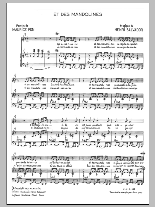 Henri Salvador Et Des Mandolines sheet music notes and chords arranged for Piano & Vocal