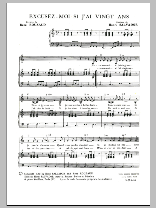 Henri Salvador Excusez Moi Si J'ai Vingt Ans sheet music notes and chords arranged for Piano & Vocal