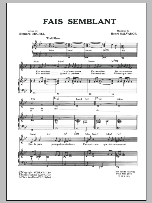 Henri Salvador Fais Semblant sheet music notes and chords arranged for Piano & Vocal