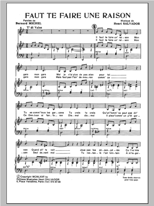 Henri Salvador Faut Te Faire Une Raison sheet music notes and chords arranged for Piano & Vocal
