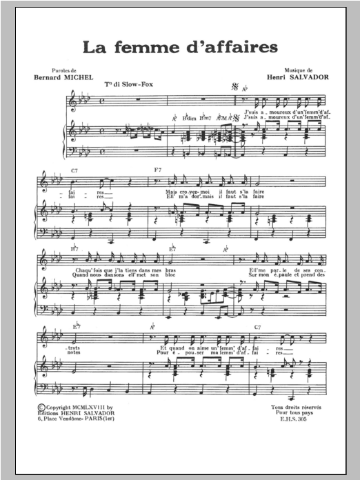 Henri Salvador Femme D'affaires sheet music notes and chords arranged for Piano & Vocal