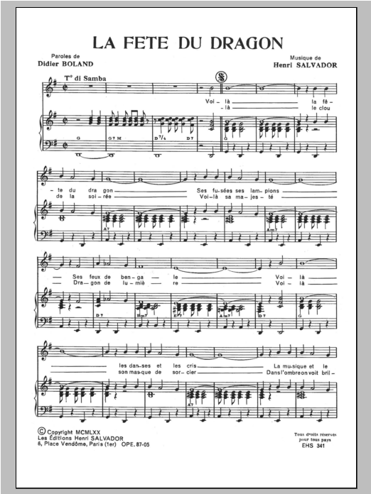 Henri Salvador Fete Du Dragon sheet music notes and chords arranged for Piano & Vocal