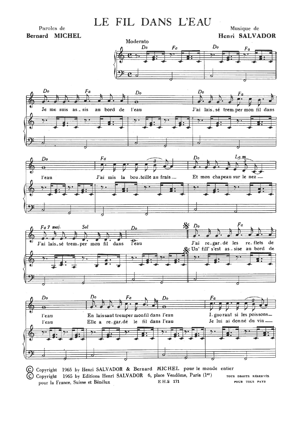 Henri Salvador Fil Dans L'eau sheet music notes and chords arranged for Piano & Vocal