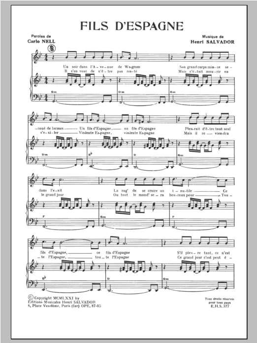 Henri Salvador Fils D'espagne sheet music notes and chords arranged for Piano & Vocal
