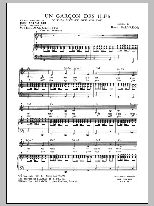 Henri Salvador Garcon Des Iles (Adapt De I Will Live My Life For You) sheet music notes and chords arranged for Piano & Vocal