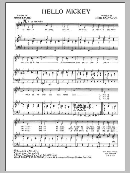 Henri Salvador Hello Mickey sheet music notes and chords arranged for Piano & Vocal