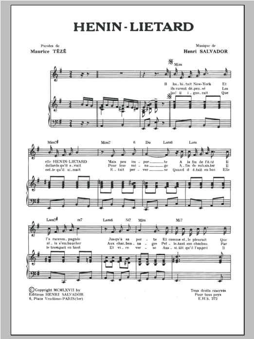 Henri Salvador Henin-Lietard sheet music notes and chords arranged for Piano & Vocal