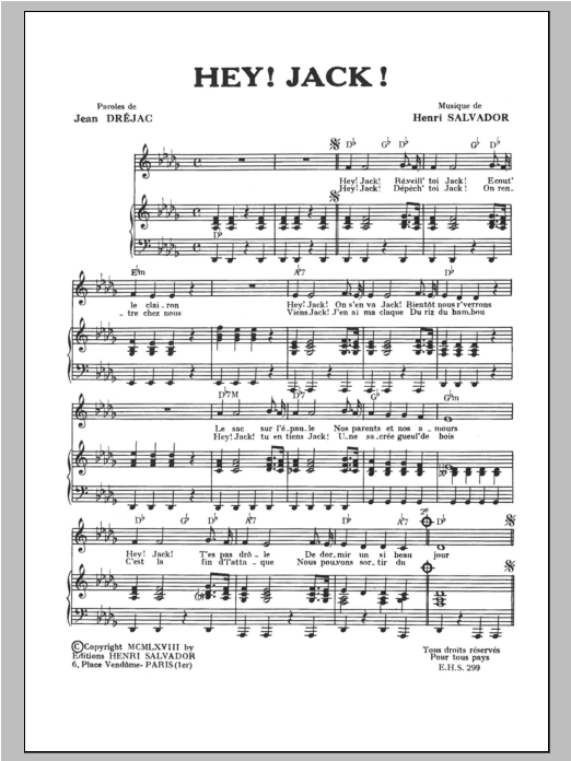 Henri Salvador Hey! Jack! sheet music notes and chords arranged for Piano & Vocal