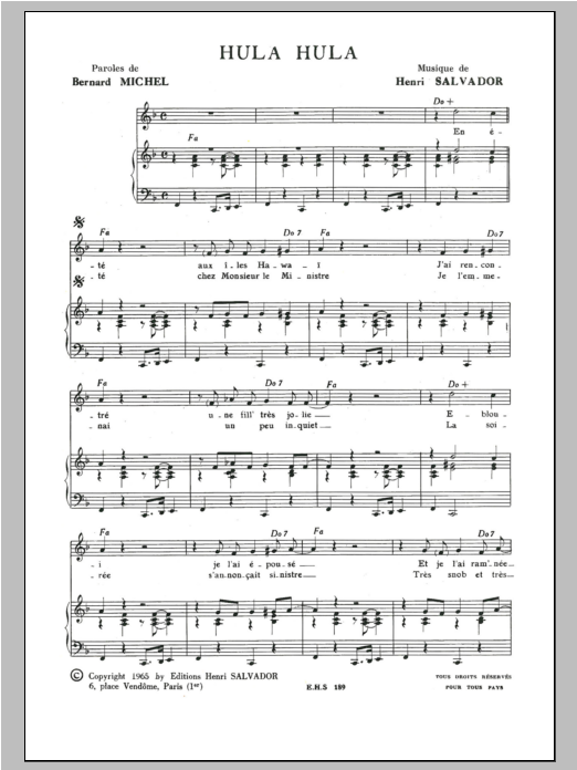 Henri Salvador Hula Hula sheet music notes and chords arranged for Piano & Vocal