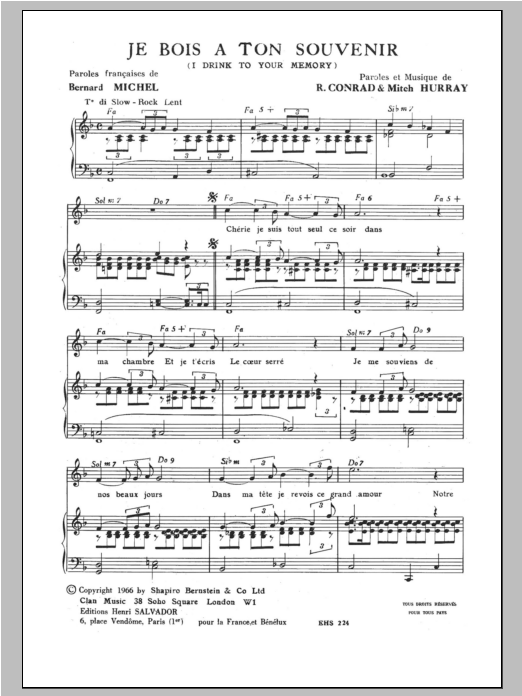 Henri Salvador I Drink To Your Memory (Je Bois A Ton Souvenir) sheet music notes and chords arranged for Piano & Vocal