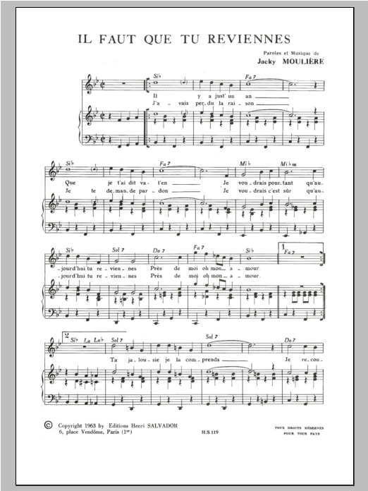 Henri Salvador Il Faut Que Tu Reviennes sheet music notes and chords arranged for Piano & Vocal