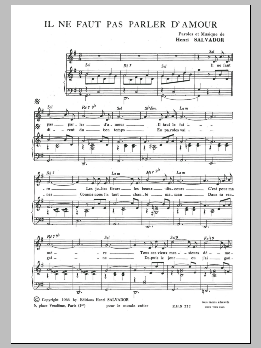 Henri Salvador Il Ne Faut Pas Parler D'amour sheet music notes and chords arranged for Piano & Vocal
