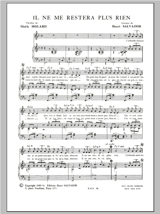 Henri Salvador Il Ne Me Restera Plus Rien sheet music notes and chords arranged for Piano & Vocal