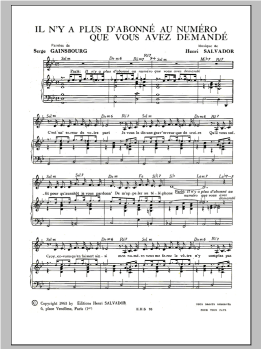 Henri Salvador IL N'y A Plus D'abonne Au Numero Que Vous Avez Demande sheet music notes and chords arranged for Piano & Vocal