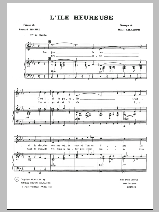 Henri Salvador Ile Heureuse sheet music notes and chords arranged for Piano & Vocal