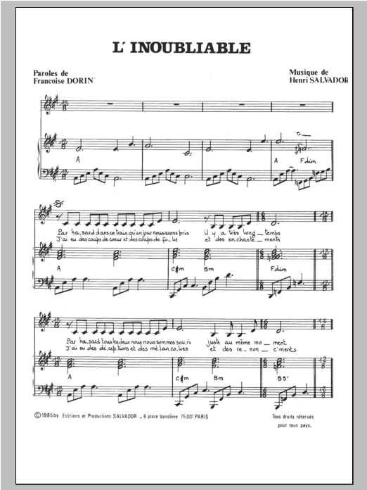 Henri Salvador Inoubliable sheet music notes and chords arranged for Piano & Vocal