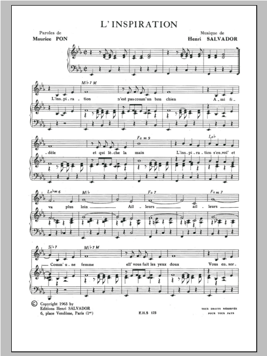 Henri Salvador Inspiration sheet music notes and chords arranged for Piano & Vocal
