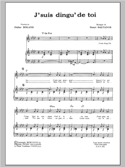 Henri Salvador J Suis Ding De Toi (Aka J'suis Dingu' De Toi) sheet music notes and chords arranged for Piano & Vocal