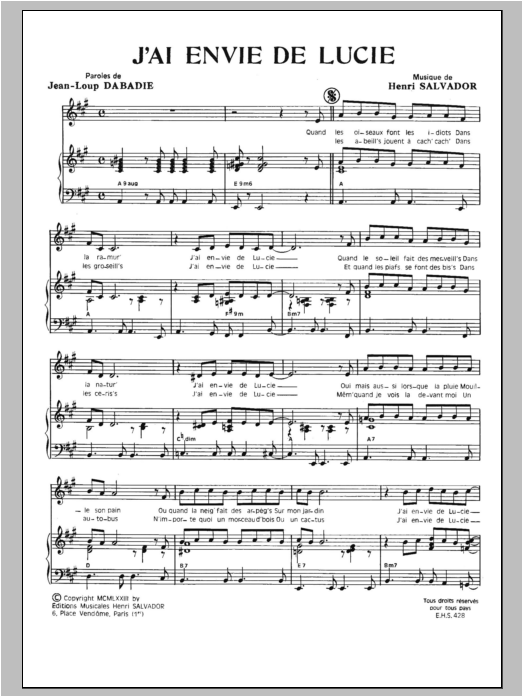 Henri Salvador J'ai Envie De Lucie sheet music notes and chords arranged for Piano & Vocal