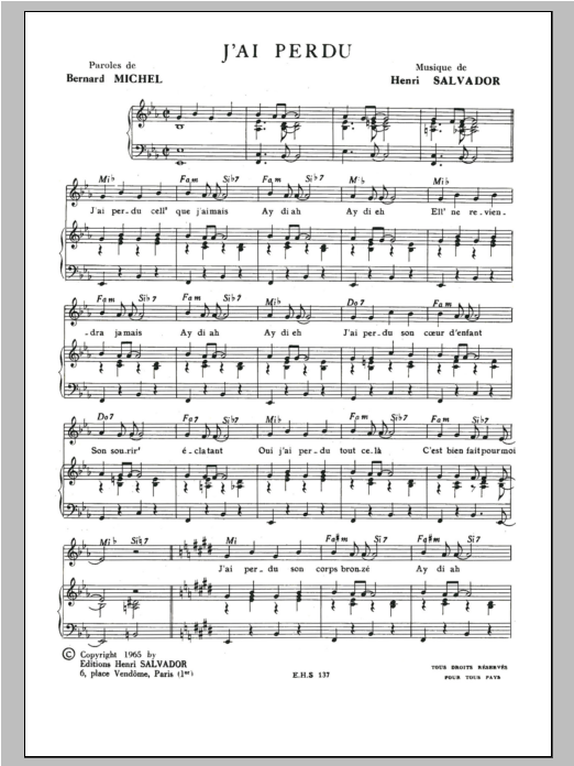 Henri Salvador J'ai Perdu sheet music notes and chords arranged for Piano & Vocal
