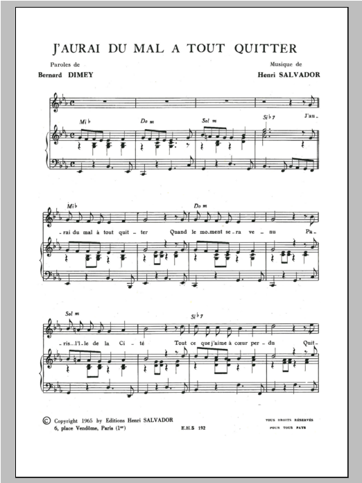 Henri Salvador J'aurai Du Mal A Tout Quitter sheet music notes and chords arranged for Piano & Vocal