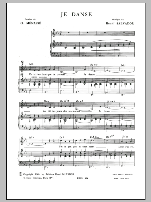 Henri Salvador Je Danse sheet music notes and chords arranged for Piano & Vocal