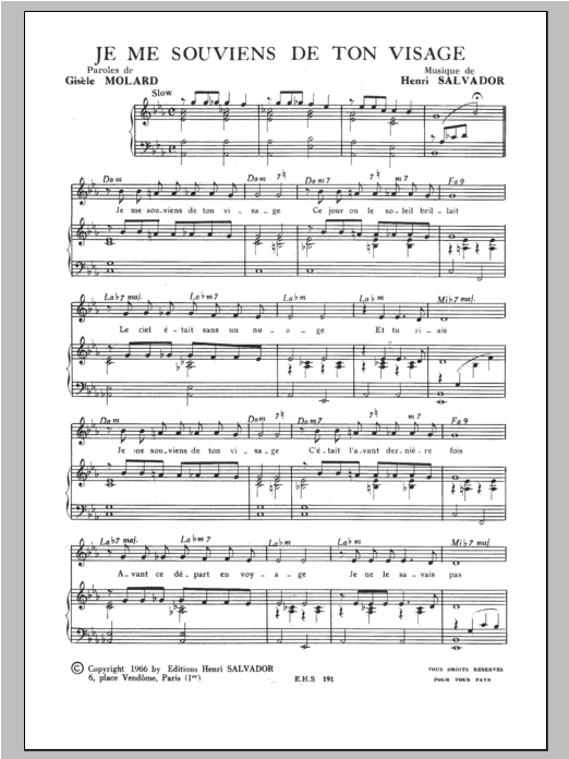 Henri Salvador Je Me Souviens De Ton Visage sheet music notes and chords arranged for Piano & Vocal