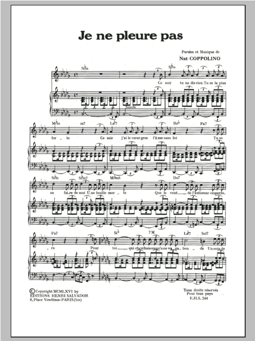 Henri Salvador Je Ne Pleure Pas sheet music notes and chords arranged for Piano & Vocal