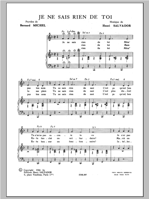 Henri Salvador Je Ne Sais Rien De Toi sheet music notes and chords arranged for Piano & Vocal