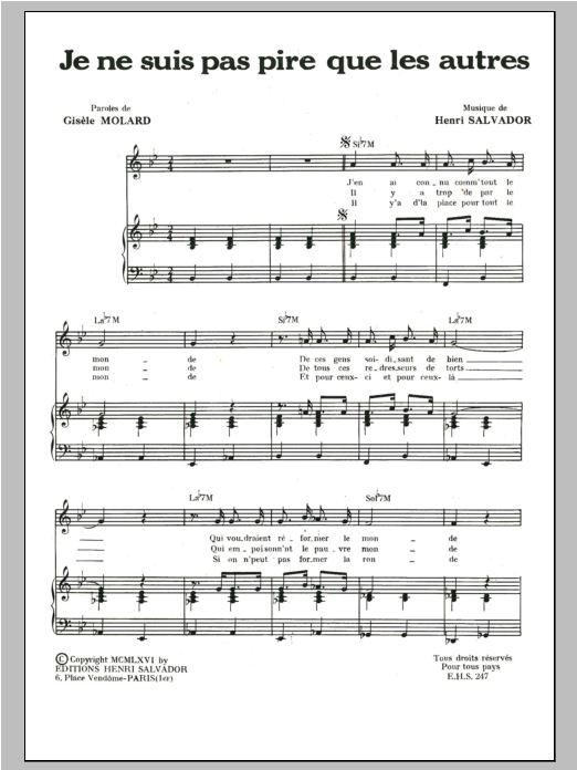 Henri Salvador Je Ne Suis Pas Pire Que Les Autres sheet music notes and chords arranged for Piano & Vocal