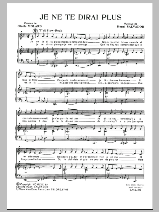 Henri Salvador Je Ne Te Dirai Plus sheet music notes and chords arranged for Piano & Vocal
