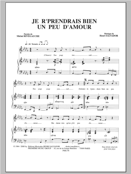 Henri Salvador Je R'prendrais Bien Un Peu D'amour sheet music notes and chords arranged for Piano & Vocal