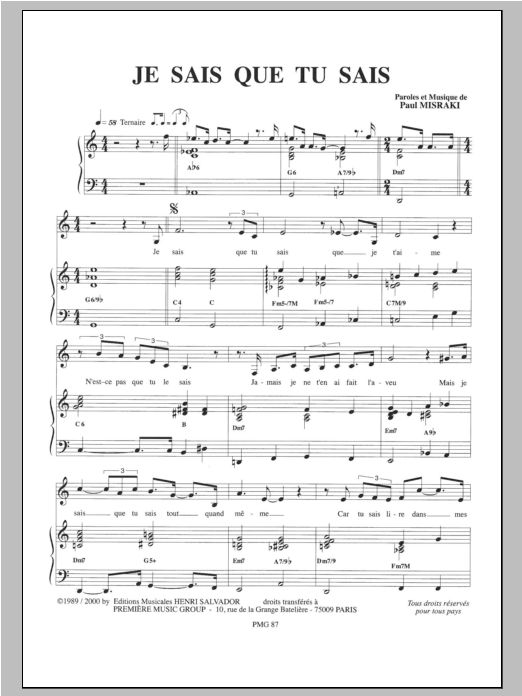 Henri Salvador Je Sais Que Tu Sais sheet music notes and chords arranged for Piano & Vocal