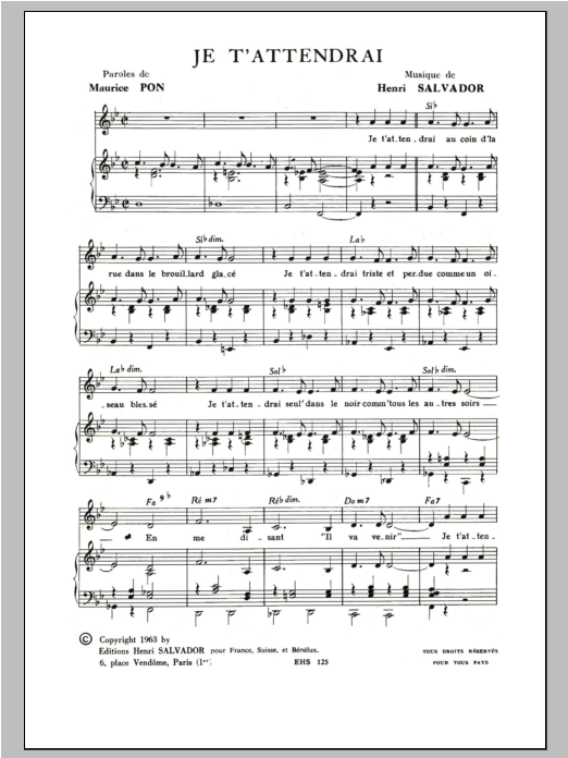 Henri Salvador Je T'attendrai sheet music notes and chords arranged for Piano & Vocal