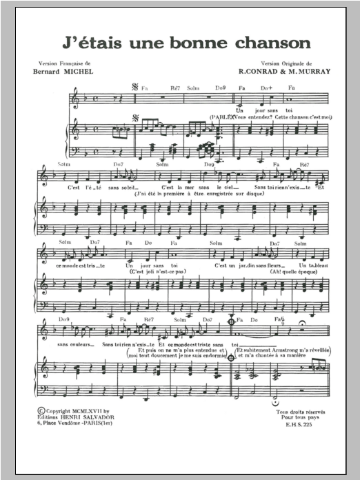 Henri Salvador J'etais Une Bonne Chanson (I Was A Good Song) sheet music notes and chords arranged for Piano & Vocal