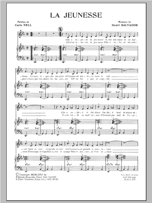 Henri Salvador Jeunesse sheet music notes and chords arranged for Piano & Vocal