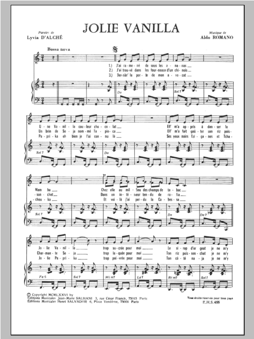 Henri Salvador Jolies Vanilla sheet music notes and chords arranged for Piano & Vocal