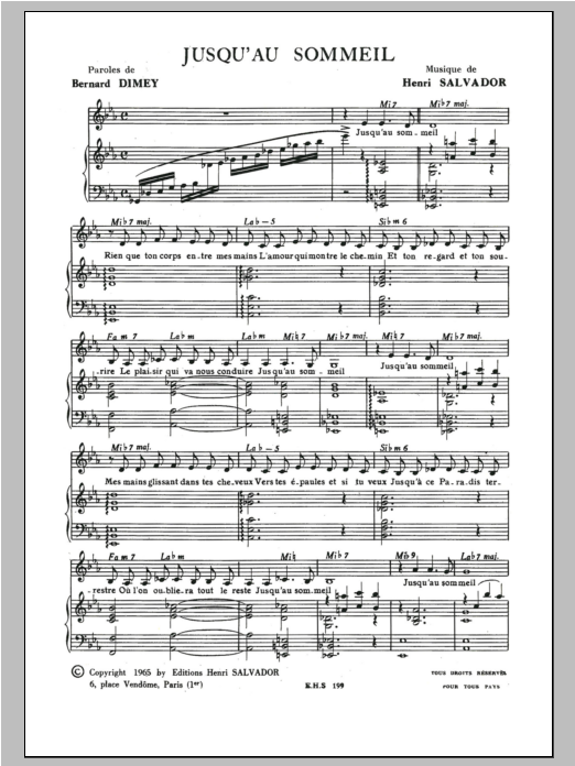 Henri Salvador Jusqu'au Sommeil sheet music notes and chords arranged for Piano & Vocal