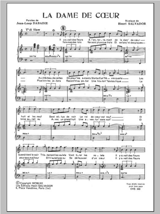 Henri Salvador La Dame De Coeur sheet music notes and chords arranged for Piano & Vocal