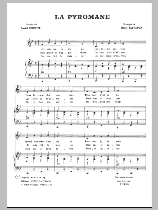 Henri Salvador La Pyromane sheet music notes and chords arranged for Piano & Vocal