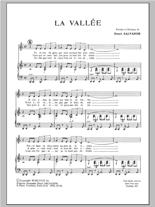 Henri Salvador La Vallee sheet music notes and chords arranged for Piano & Vocal