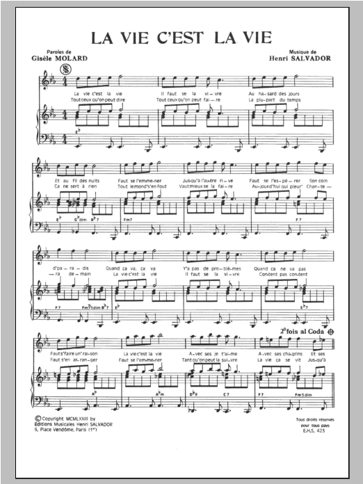 Henri Salvador La Vie C'est La Vie sheet music notes and chords arranged for Piano & Vocal