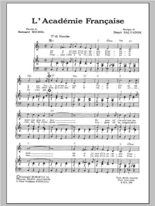 Henri Salvador L'Academie Francaise sheet music notes and chords arranged for Piano & Vocal